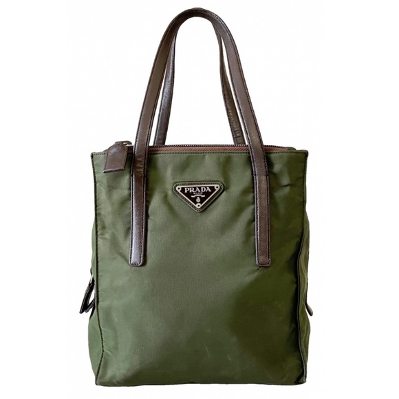 Prada green Tessuto nylon brown leather triangle logo small tote bag - Picture 1 of 11